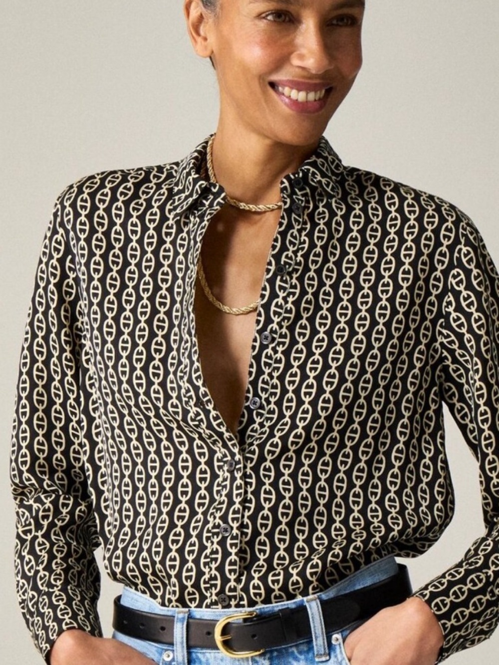 NWT J.Crew Chain Print Blouse Black Cream Button Down Long Sleeve Shirt  Medium